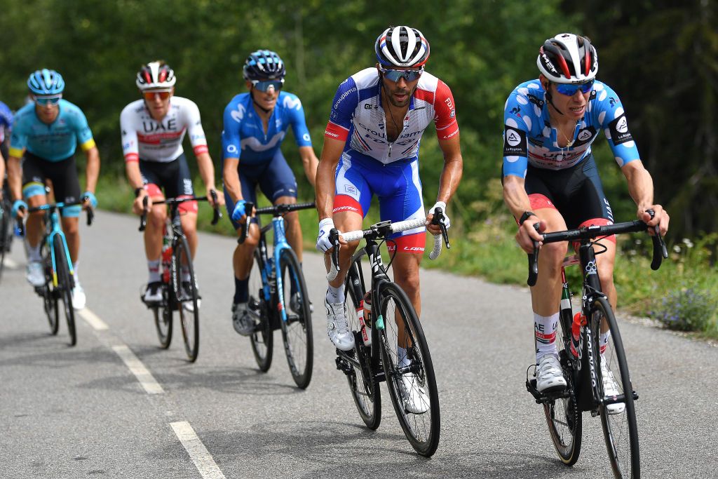 MEGEVE FRANCE AUGUST 16 David De La Cruz of Spain and Team UAE Team Emirates Polka Dot Mountain Jersey Thibaut Pinot of France and Team Groupama FDJ Enric Mas Nicolau of Spain and Movistar Team Tadej Pogacar of Slovenia and Team UAE Team Emirates Miguel Angel Lopez Moreno of Colombia and Astana Pro Team Breakaway during the 72nd Criterium du Dauphine 2020 Stage 5 a 1535km stage from Megeve to Megeve 1458m dauphine Dauphin on August 16 2020 in Megeve France Photo by Justin SetterfieldGetty Images