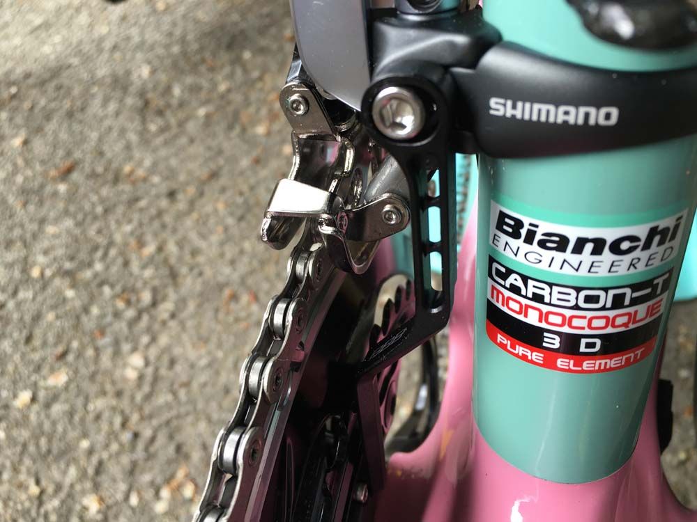 A close up of the Bianchi's chain rings