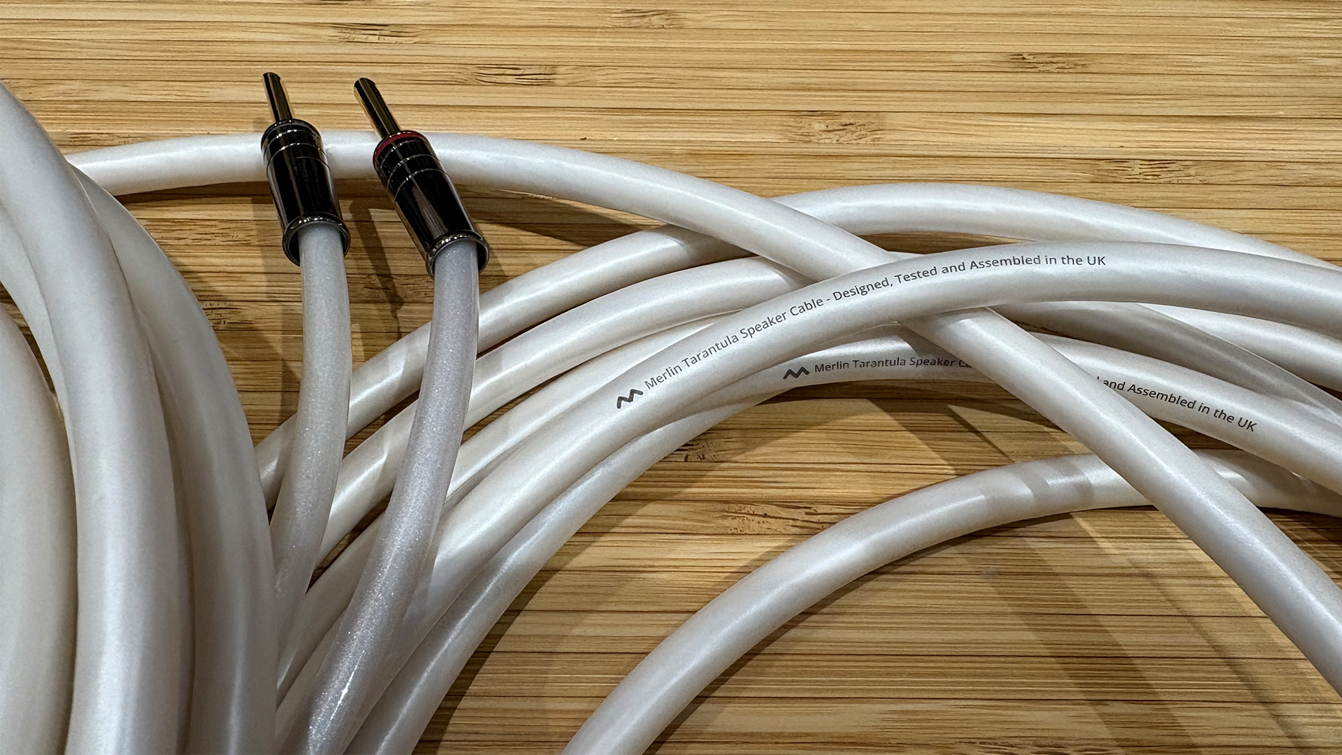 Merlin Tarantula speaker cable on wooden surface