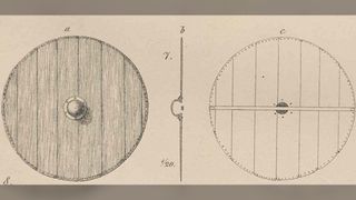 A drawing of a reconstructed shield from the Gokstad ship, adapted from the original 1882 report of the discovery.
