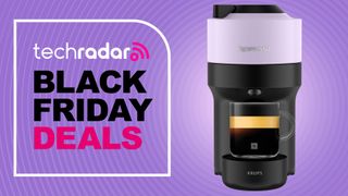 Nespresso Vertuo Pop machine on purple background with text 'TechRadar Black Friday Deals'