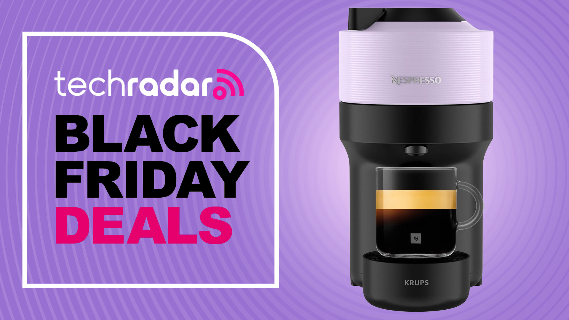 Nespresso Vertuo Pop machine on purple background with text &#039;TechRadar Black Friday Deals&#039;