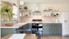 modern kitchen with green cabinets