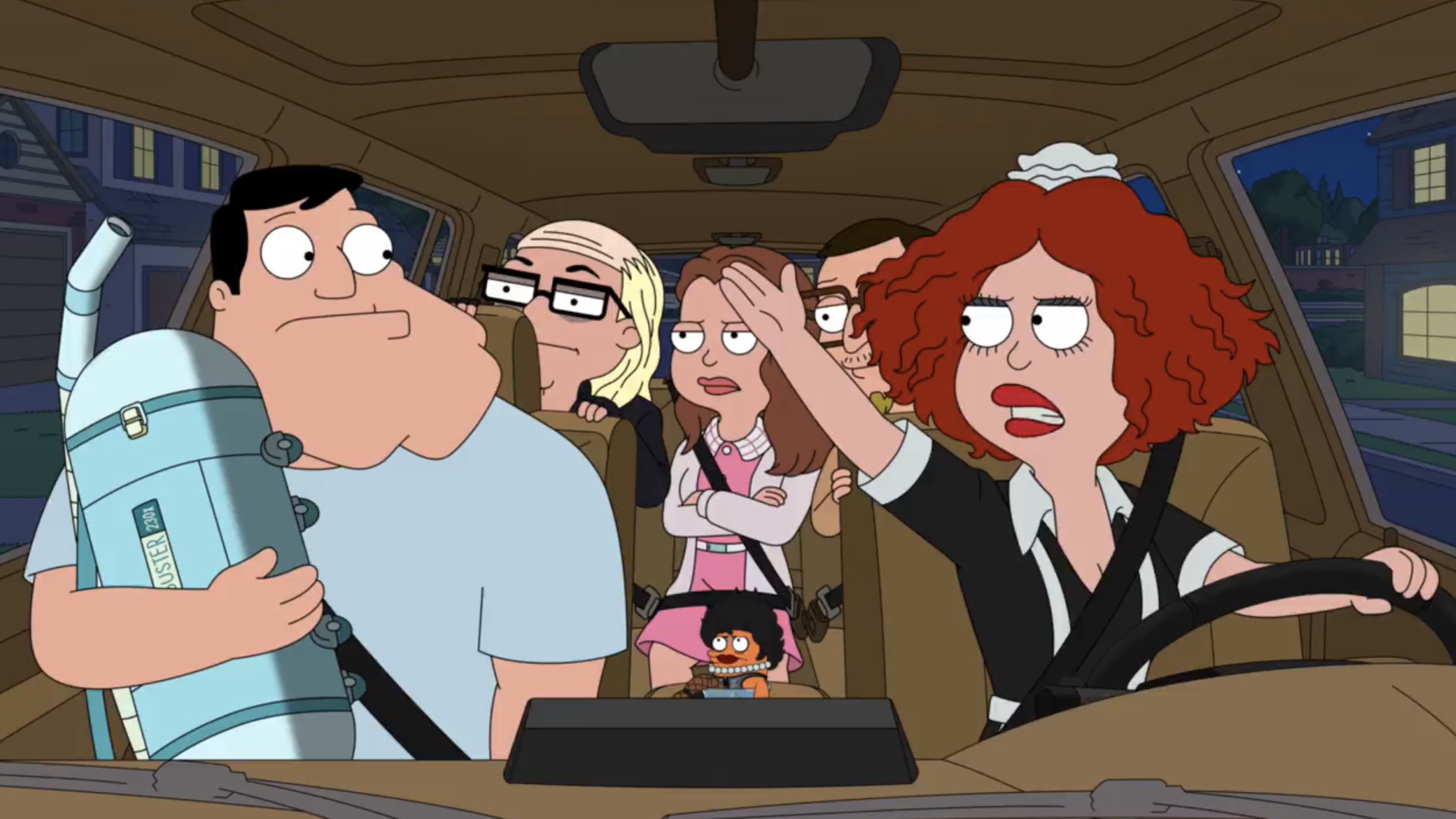 The Smith family dressed up as characters from The Rocky Horror Picture Show inside car in American Dad