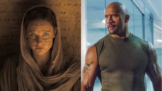 Rebecca Ferguson in Dune, and Dwayne Johnson in Furious 7, pictured side by side.