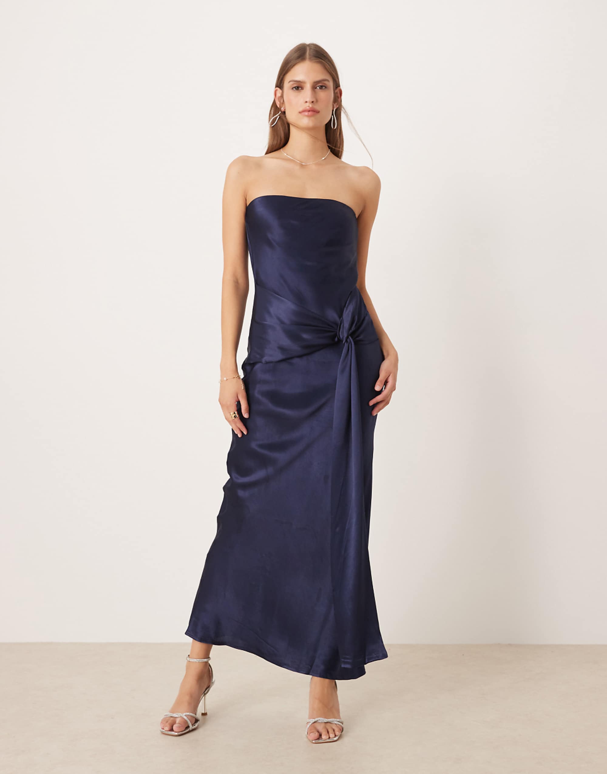 Sndys Satin Bandeau Wrap Tie Waist Detail Maxi Dress in Navy