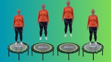 Four images of a woman bouncing on trampoline side by side on a blue-green color gradient background