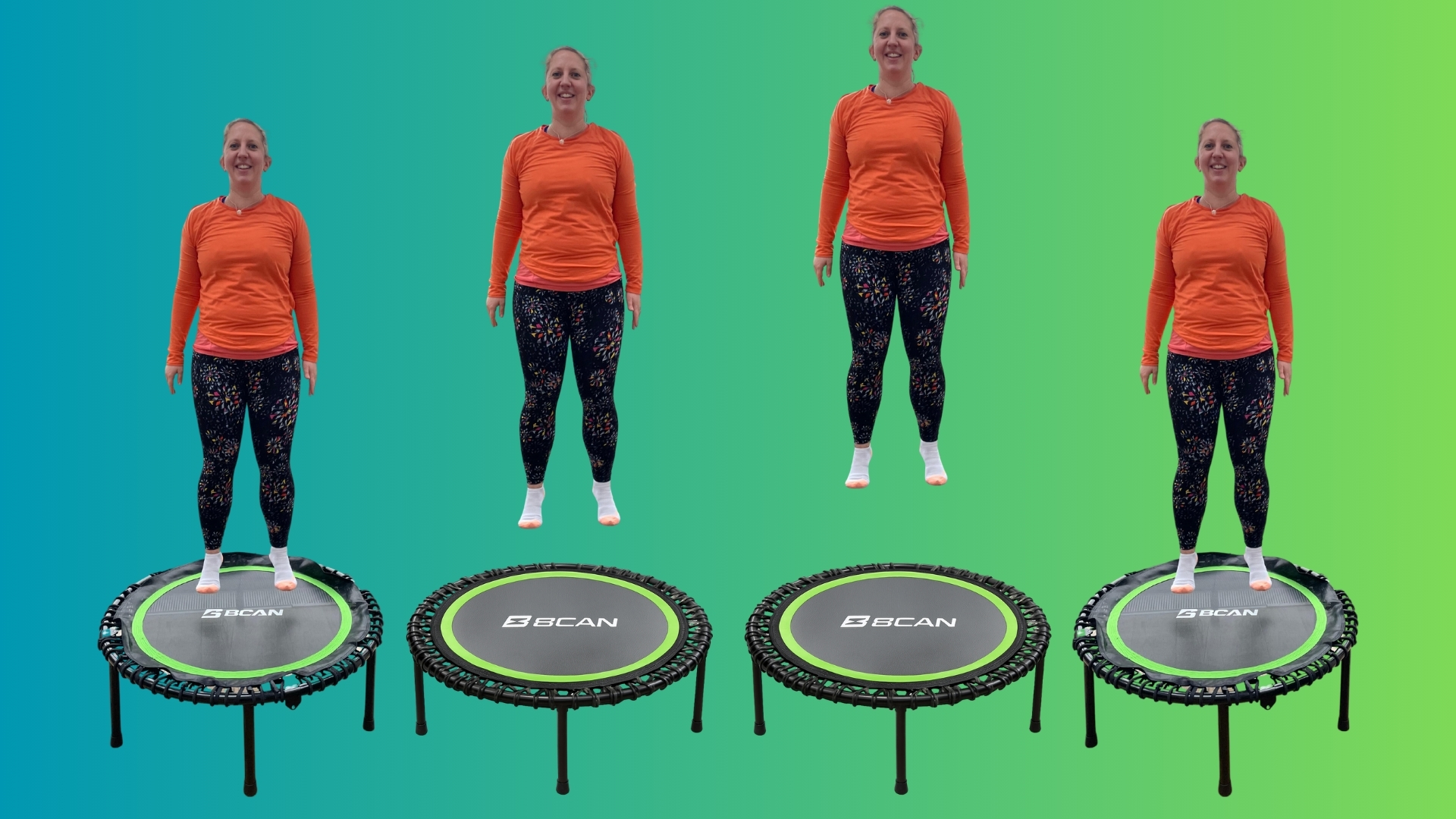 Four images of a woman bouncing on trampoline side by side on a blue-green color gradient background