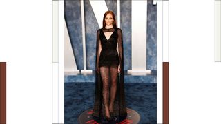 Sophie Turner wears a black rhinestone sheer dress as she attends 2023 Vanity Fair Oscar Party hosted by Radhika Jones at Wallis Annenberg Center for the Performing Arts on March 12, 2023 in Beverly Hills, California