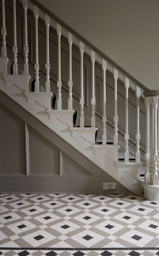 tiled flooring hallway: Original Style Victorian Floor Tiles in Black, Dover White and Holkham Dune