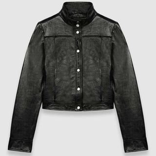 flat lay image of a maje black vinyl leather jacket with a high neck