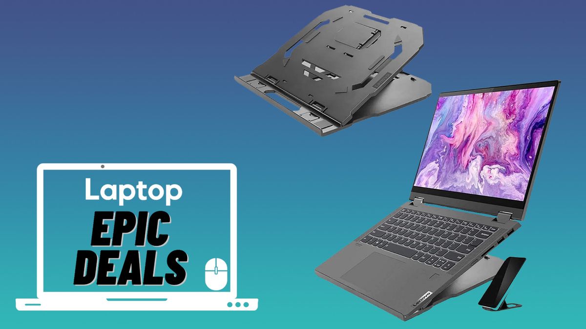 Laptop stands on a blue gradient background with a Laptop &quot;Epic deal&quot; badge in the lower-left corner