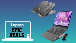 Laptop stands on a blue gradient background with a Laptop &quot;Epic deal&quot; badge in the lower-left corner