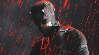 Daredevil in black costume in red-tinted rain in Daredevil: Born Again Season 2 poster