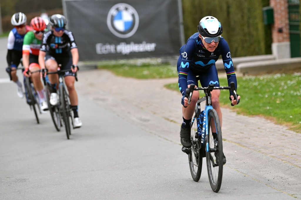 WAREGEM BELGIUM MARCH 30 Annemiek Van Vleuten of Netherlands and Movistar Team competes in the breakaway during the 10th Dwars door Vlaanderen 2022 Womens Elite a 120km one day race from Waregem to Waregem DDV22 DDVwomen on March 30 2022 in Waregem Belgium Photo by Luc ClaessenGetty Images
