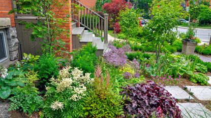 This beautiful, urban front yard garden features a large veranda, paver walkway, retaining wall with plantings of bulbs, shrubs and perennials