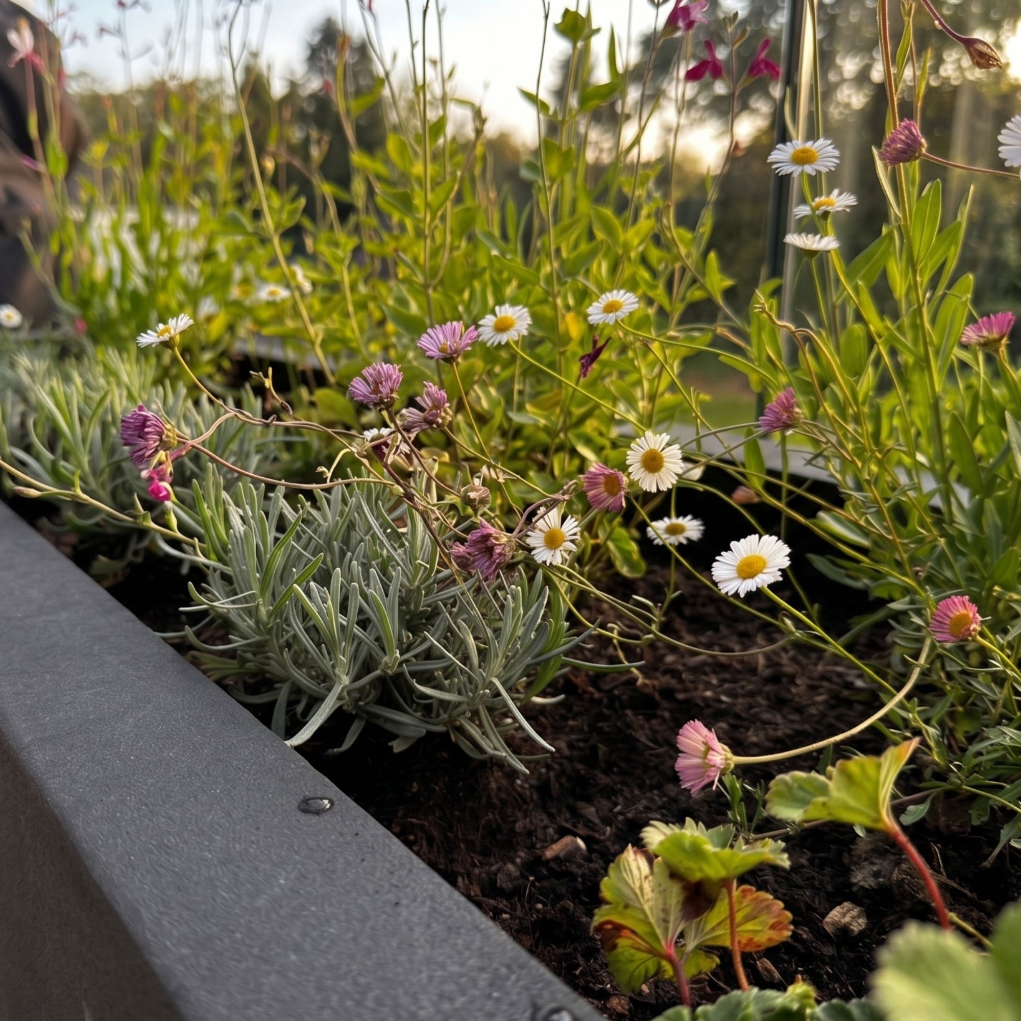 Container filled with Mexican fleabane on a sunset balcony