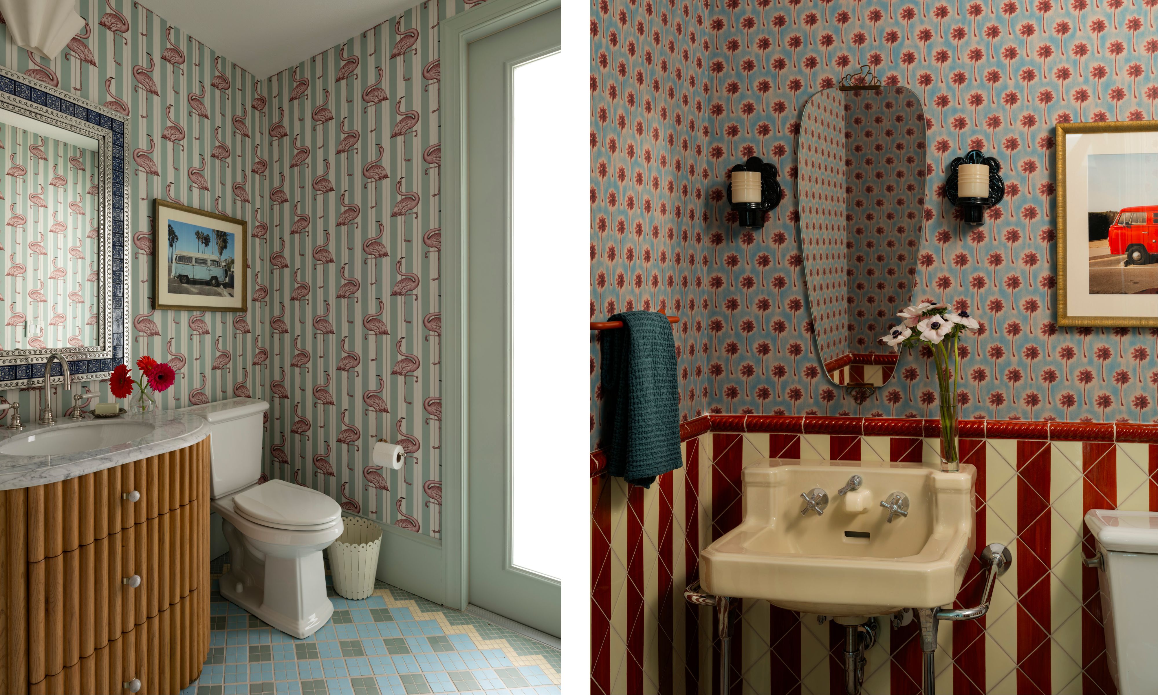 two side by side images of playful bathrooms with patterned wallpaper and striped tiles