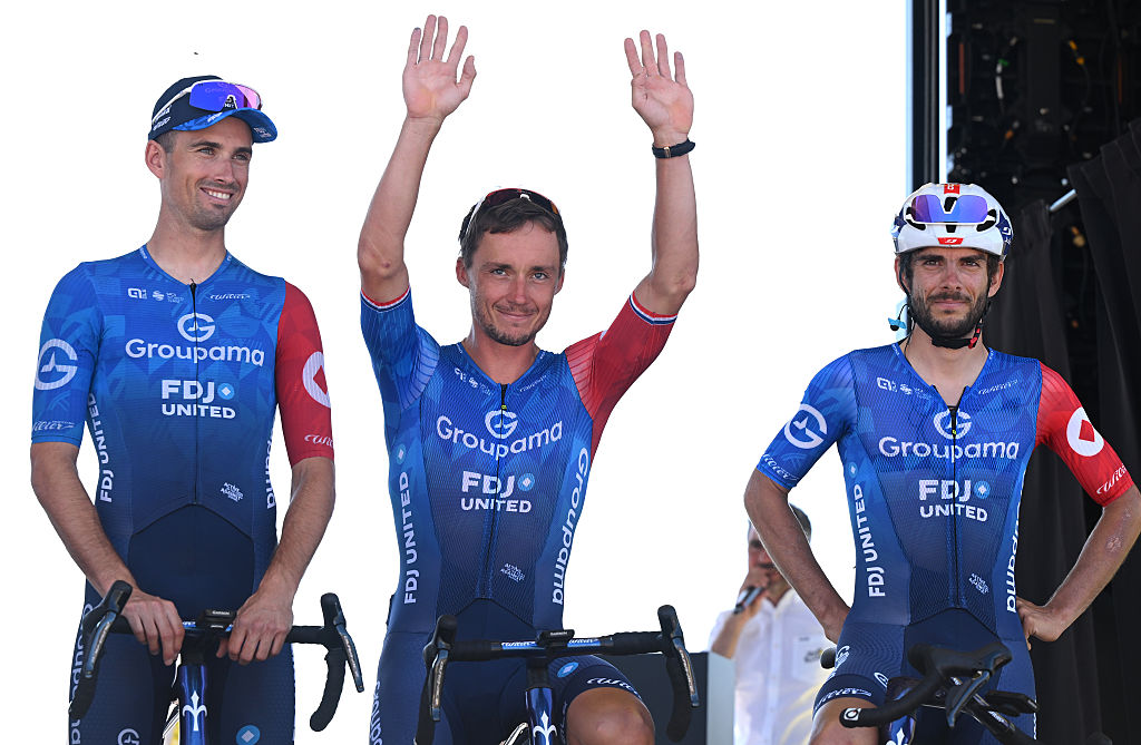 SAINT-MEEN-LE-GRAND, FRANCE - JULY 12: (L-R) Cyril Barthe of France, Valentin Madouas of France and Guillaume Martin of France and Team Groupama - FDJ prior to the 112th Tour de France, Stage 8 a 197km stage from Saint-Meen-le-Grand to Laval (Espace Mayenne) / #UCIWT / on July 12, 2025 in Saint-Meen-le-Grand, France.