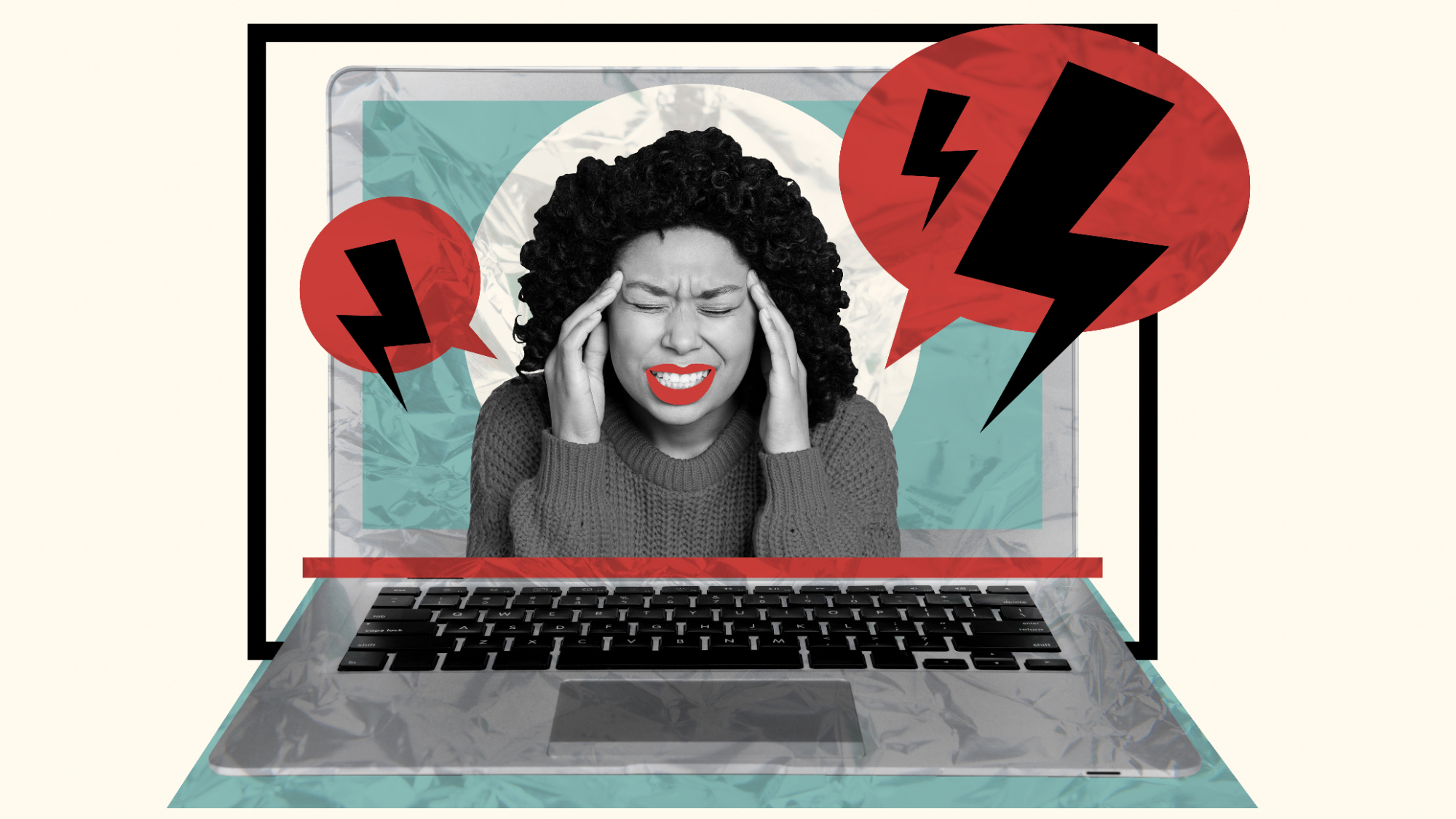 Composite photo collage of upset woman and laptop