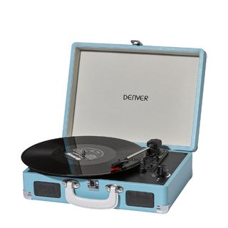 A baby blue Denver VPL-120BT portable record player with the lid open on a white background