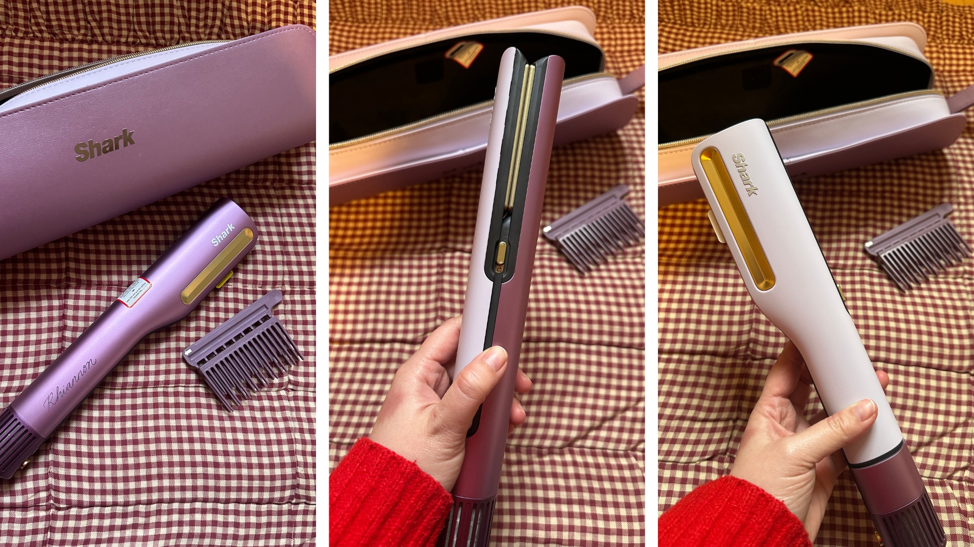 On the left is a close-up of the Shark SilkiPro Air Straightener in purple, along with a comb attachment and the travel case, followed by two pictures of Beauty Editor Rhiannon Derbyshire holding the pink iteration of the device at different angles.