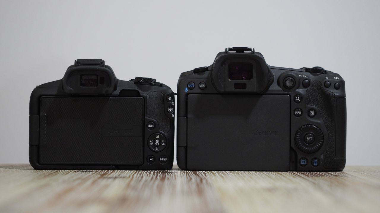 Canon EOS R50 next to Canon EOS R5