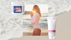 a woman in a white swimsuit on the beach next to egyptian magic cream and phillip kingsley swimcap