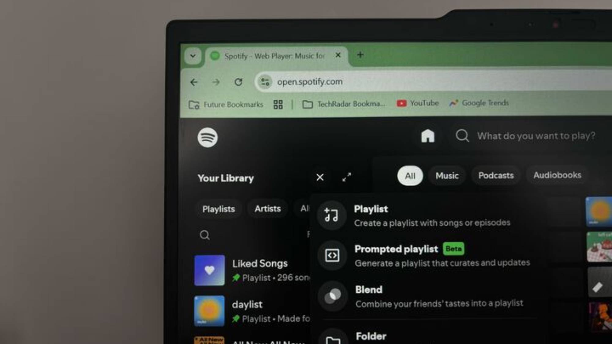 The web version of Spotify showing different playlist creation options