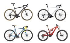 A collage of four bikes including two road bikes, a gravel bike and an electric mountain bike