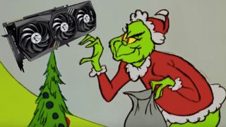The grinch stealing an RTX 3090 graphics card from a Christmas tree