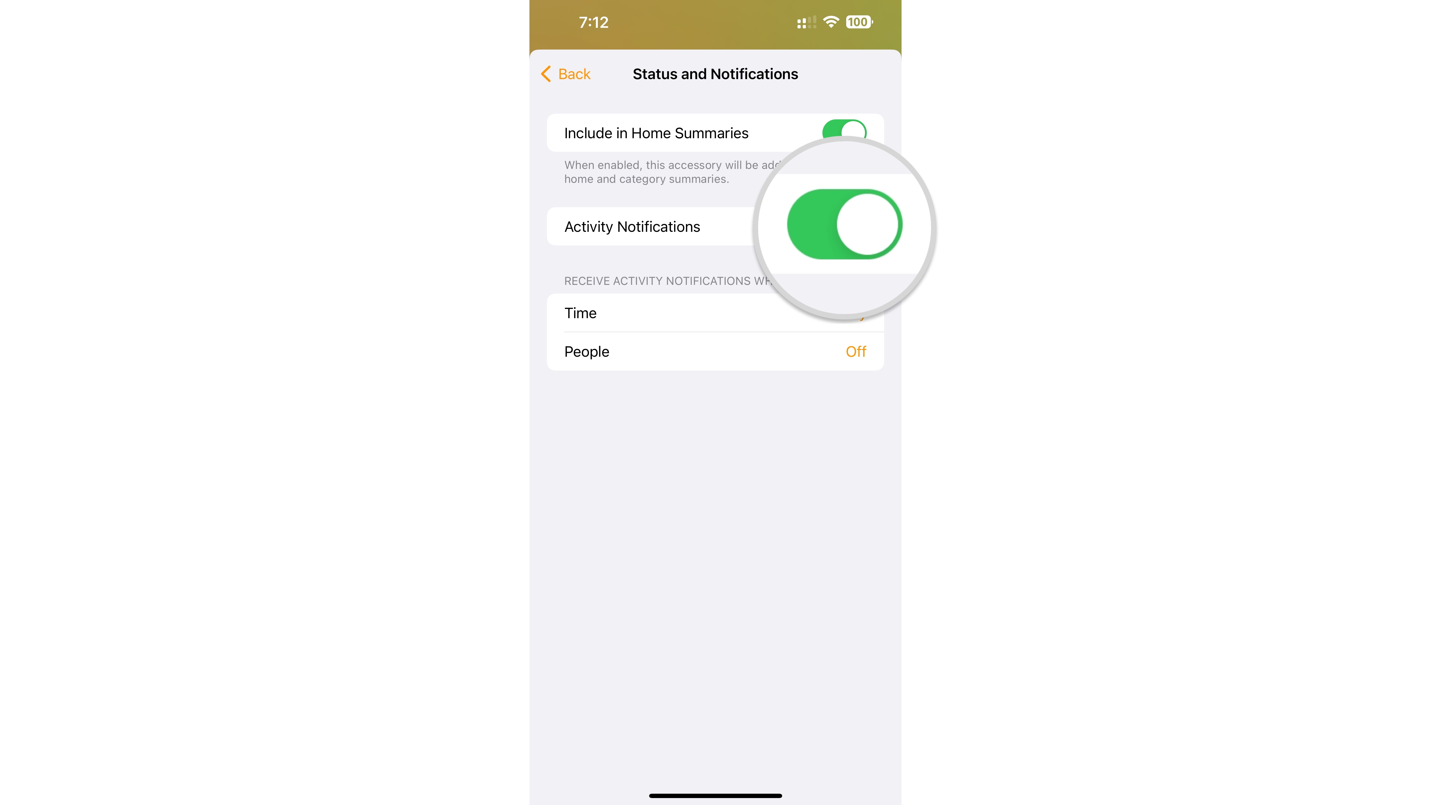 How to enable HomeKit lock notifications on an iPhone by showing steps: Tap the Activity Notifications toggle.