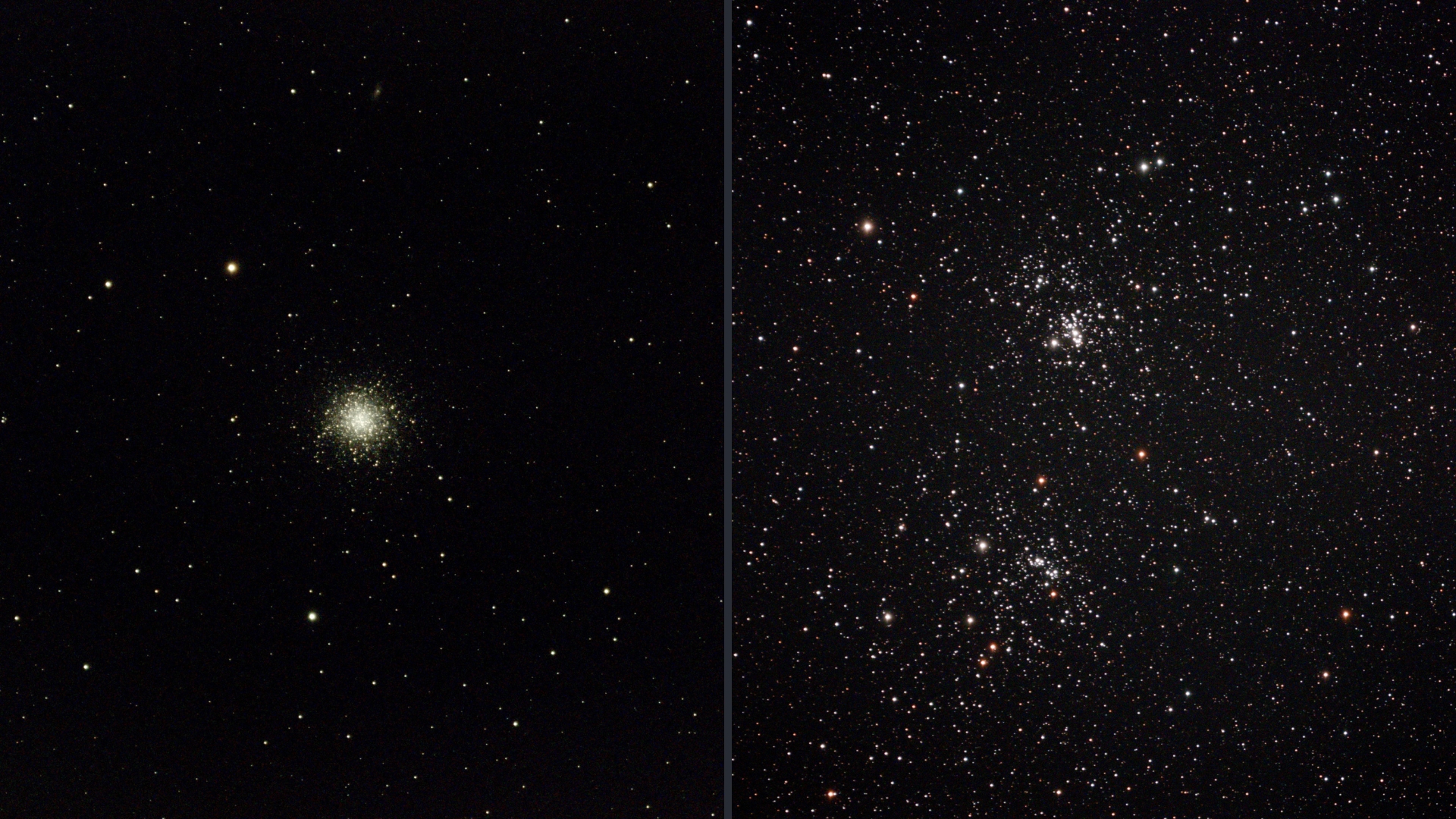 two panel image on the left is a tightly packed cluster of stars and on the right is two more loosely packed clusters of stars