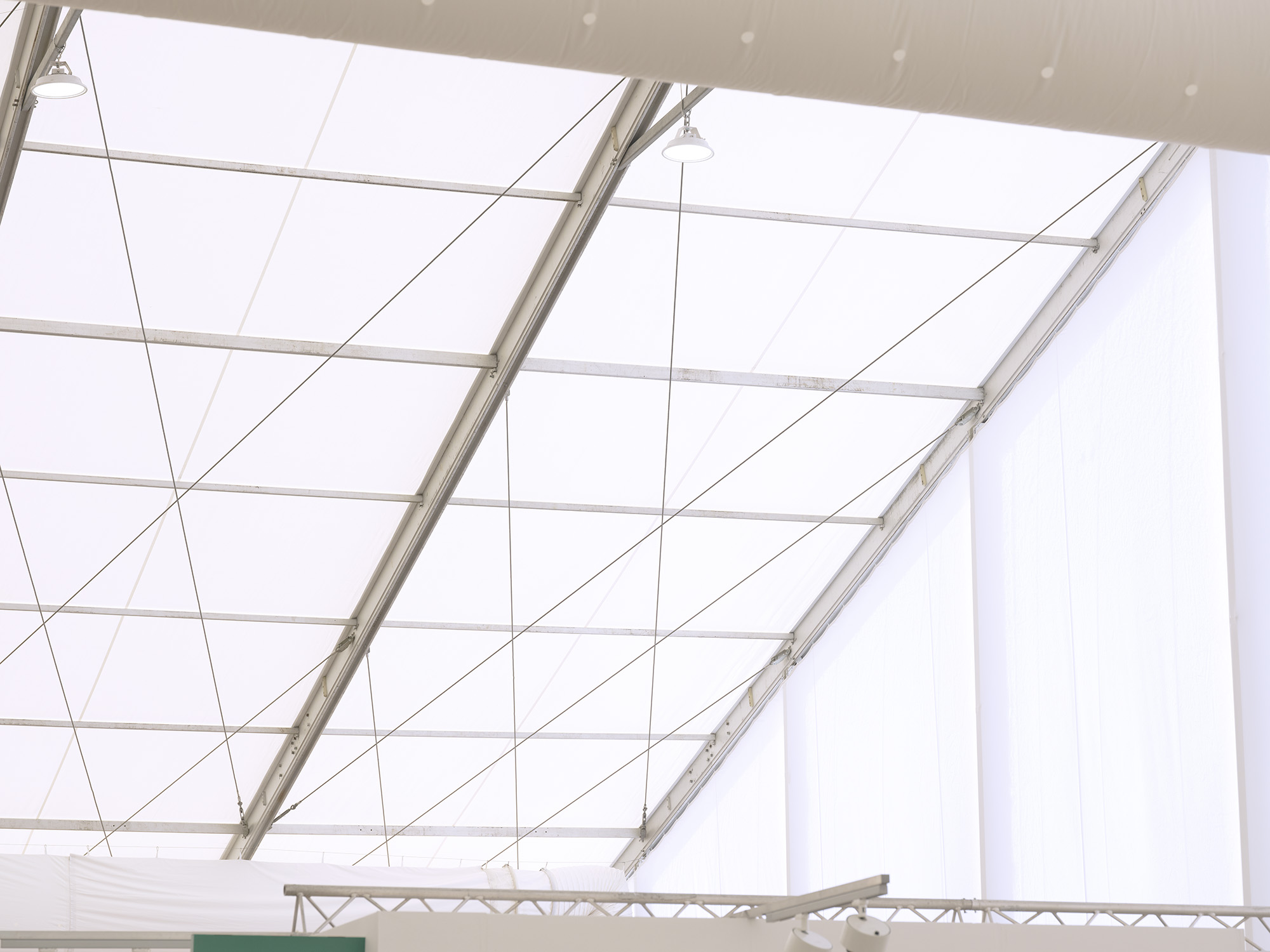 Frieze entrance pavilions London 2025 interior looking up to the white ceiling