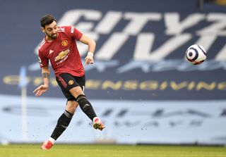 Manchester United’s Bruno Fernandes in action during the Premier League match at the Etihad Stadium, Manchester. Picture date: Sunday March 7, 2021
