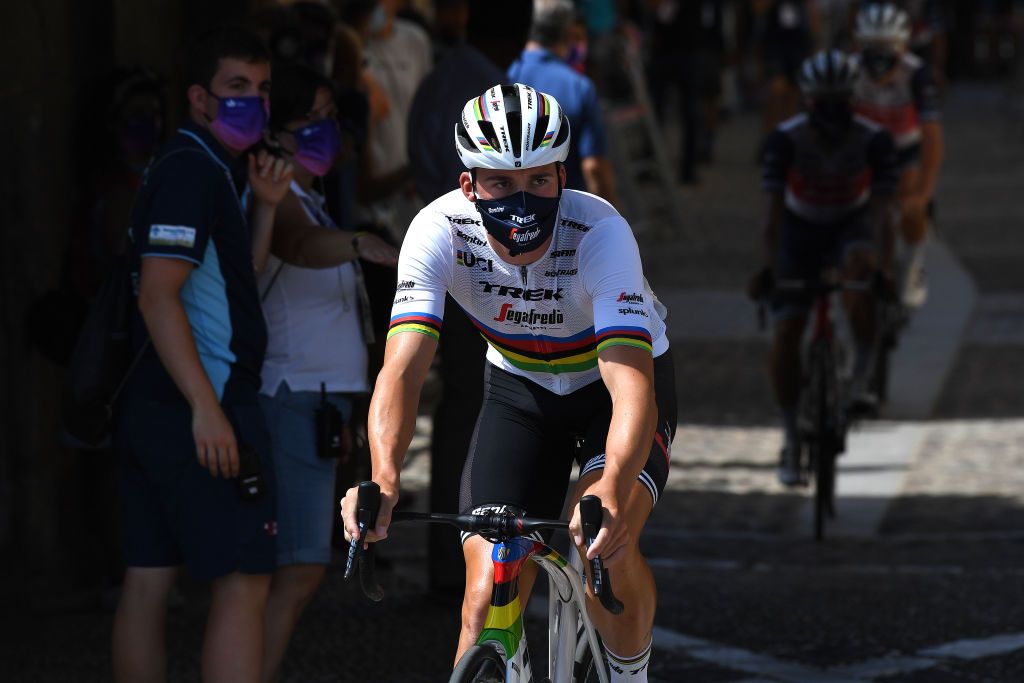 LAGUNAS DE NEILA SPAIN AUGUST 01 Start Mads Pedersen of Denmark and Team TrekSegafredo Covarrubias Village during the 42nd Vuelta a Burgos 2020 Stage 5 a 158km stage from Covarrubias to Lagunas de Neila 1872m VueltaBurgos on August 01 2020 in Lagunas de Neila Spain Photo by David RamosGetty Images