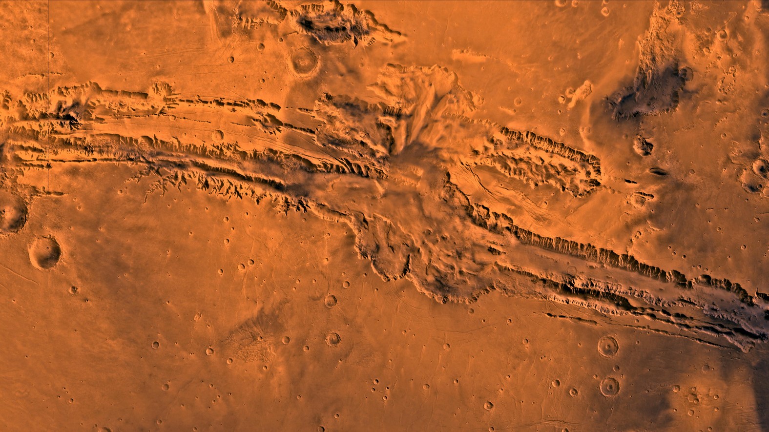 Valles Marineris on Mars is more than 10 times as long as Earth’s Grand Canyon.