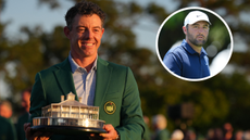 Rory McIlroy poses with The Masters trophy, with Scottie Scheffler in a circle