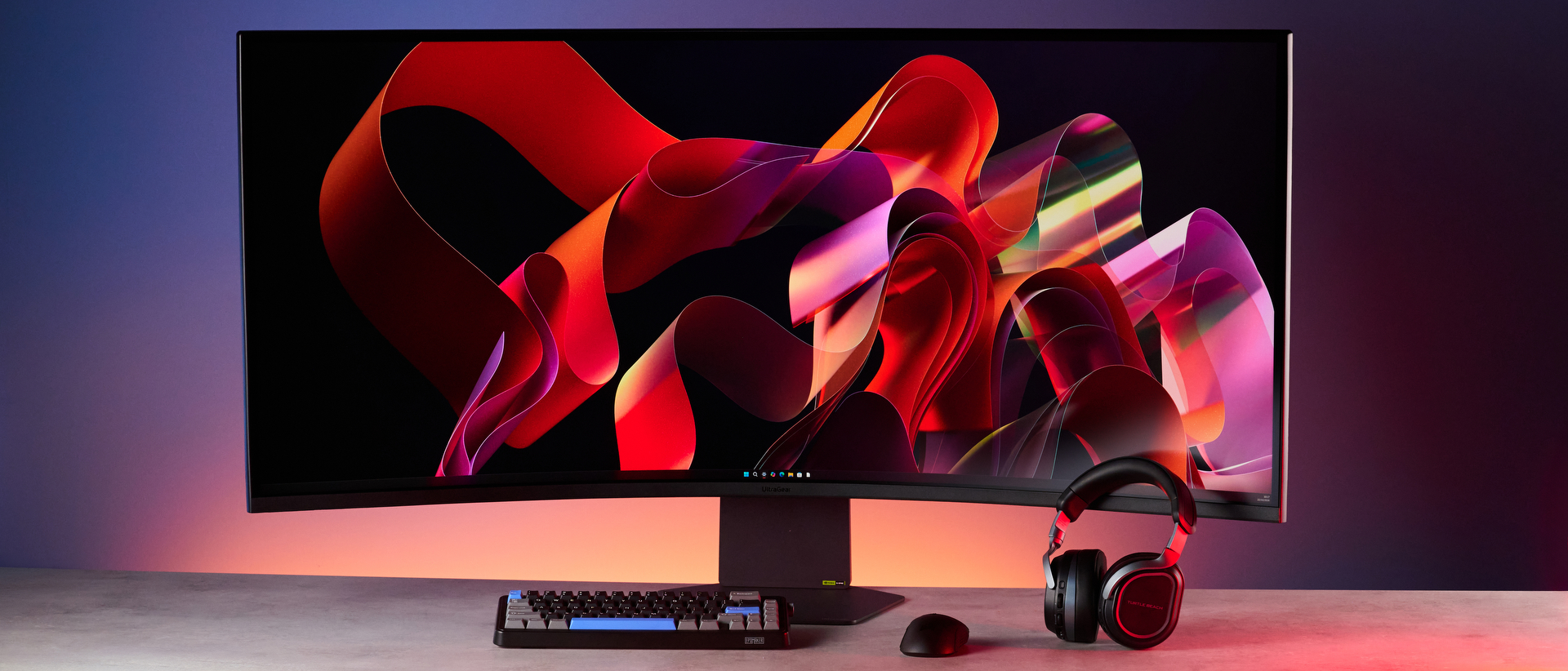 A black LG UltraGear 52G930B ultrawide 5K2K curved monitor