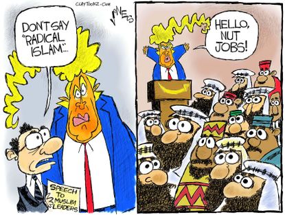 Political cartoon U.S. Trump abroad Saudi Arabia radical Islam Comey&nbsp;nut job