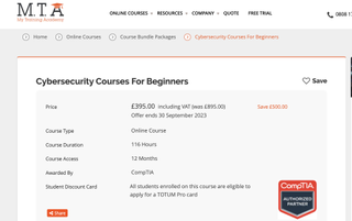 A screenshot of a page on the My Training Academy website showing a cyber security course