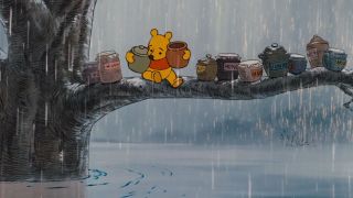 Winnie the Pooh stuck in a tree during a storm