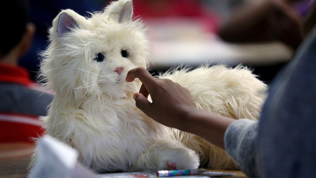 Child reaches to stroke a robotic cat