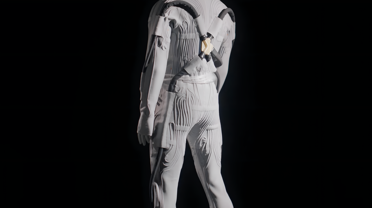 The back of an Axiom Space and Prada liquid cooling garment for a new spacesuit, covered in hoses and tubes.