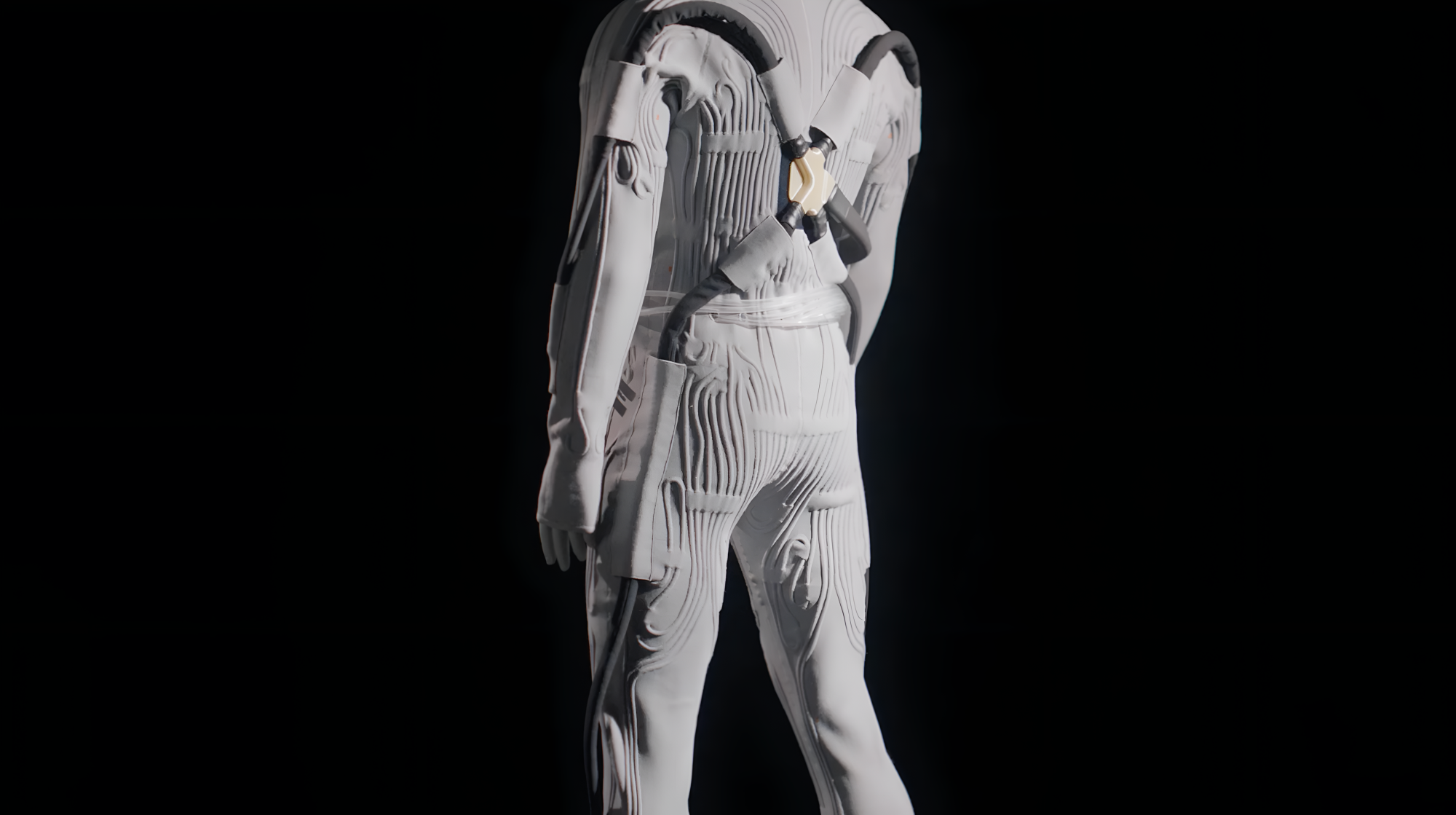 The back of an Axiom Space and Prada liquid cooling garment for a new spacesuit, covered in hoses and tubes.