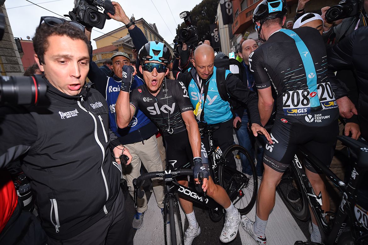Michal Kwiatkowski celebrates his victory