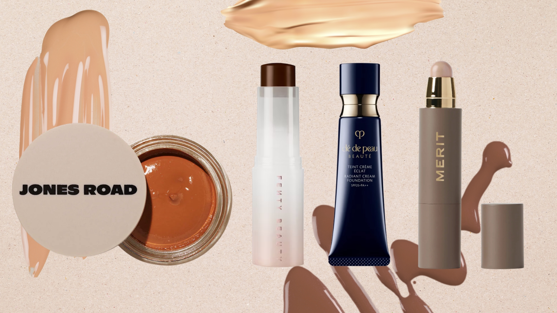 A collage of some of the best cream foundations featured and reviewed in this guide, including formulas from Jones Road, Fenty, Clé de Peau Beauté and MERIT/ all featured on a peach background with foundation spills and streaks.