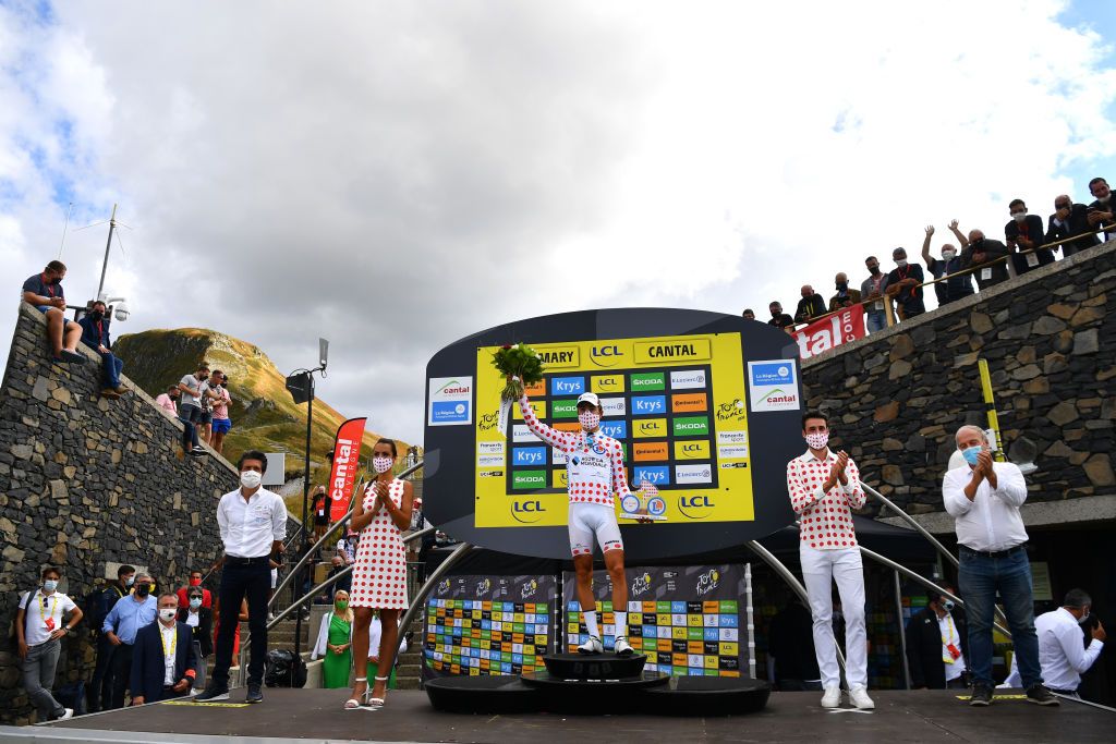 CANTAL FRANCE SEPTEMBER 11 Podium Benoit Cosnefroy of France and Team Ag2R La Mondiale Polka Dot Mountain Jersey Celebration during the 107th Tour de France 2020 Stage 13 a 1915km stage from ChtelGuyon to Pas de PeyrolLe Puy Mary Cantal 1589m TDF2020 LeTour on September 11 2020 in Cantal France Photo by Stuart FranklinGetty Images