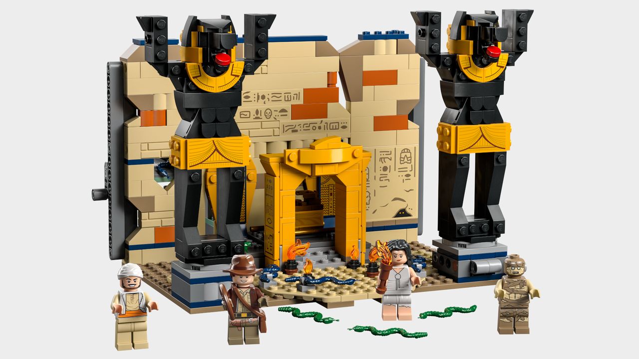 Lego Indiana Jones Escape from the Lost Temple set on a plain background