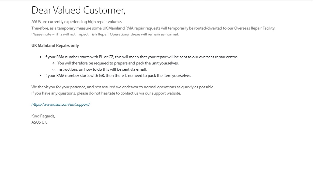 Message on ASUS support site showing "currently experiencing high repair volume" and instructions for returns.
